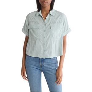 Lush Mint Green Short Sleeve Button Down Blouse Boxy Cropped Fit S